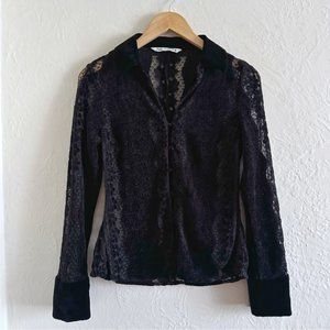 Zara Black Velvet And Lace Button Up Collared Blouse Size S